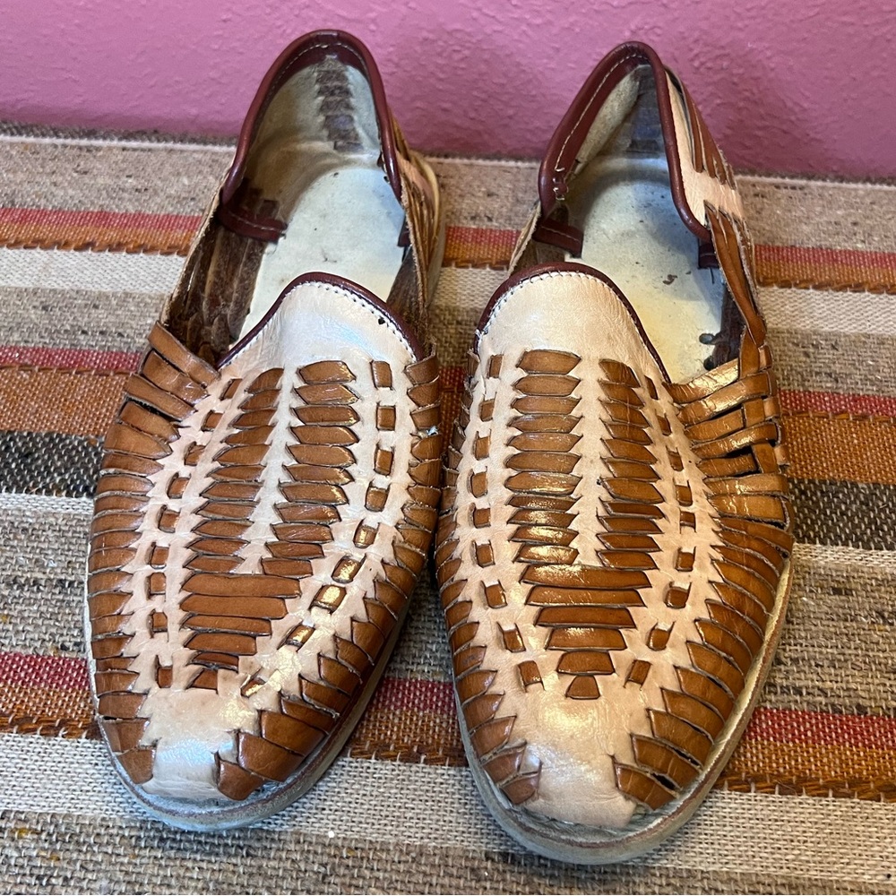 Men's Tan & Cream Woven Leather Slip-On Loafers